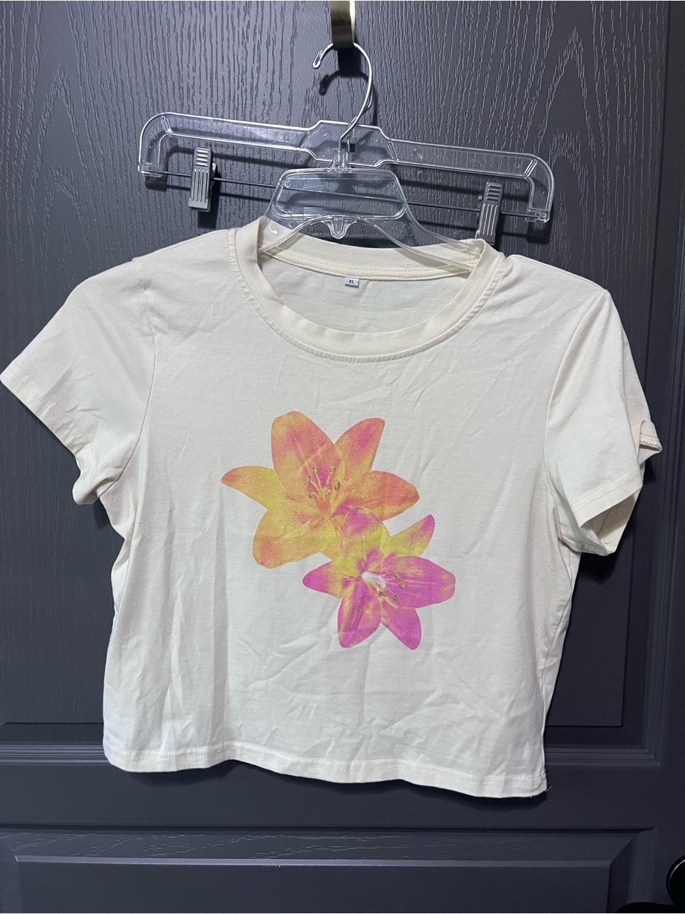 SHEIN Cream Crop Tee with Pink & Yellow Floral Print